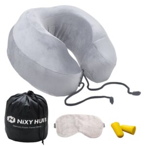 Nixy Hub Memory Foam Neck Pillow for Travel with Velvet Cover (Grey)