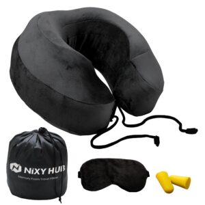 Nixy Hub Memory Foam Neck Pillow for Travel with Velvet Cover (Black)